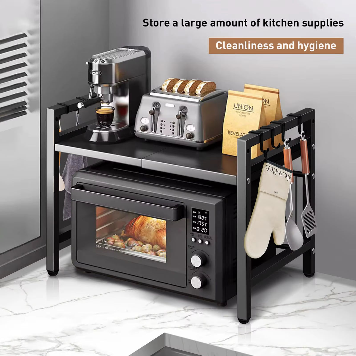 Kitchen Storage Rack Microwave Shelf Condiment Organizer Shelf Tableware Storage Expandable 42-64Cm Moisture and Rust