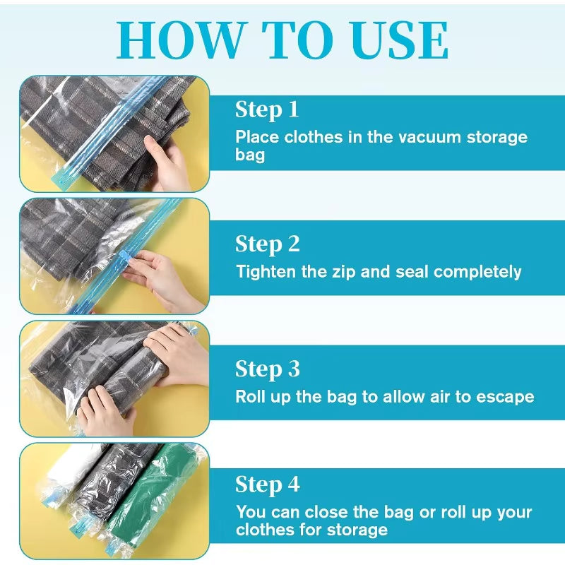 4 PCS Roll up Compression Bags, 19 X 14" Vacuum Travel Bag, Roll-Up Space Saver Bags for Travel, Vacuum Seal Storage Bag for Packing Clothing Suitcases Luggage Home Organizers, No Pump Needed